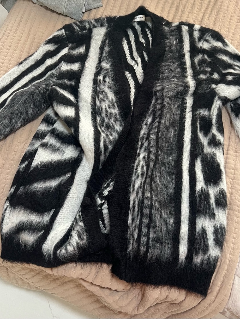 Saint Laurent Black and White Patterned Mohair Cardigan